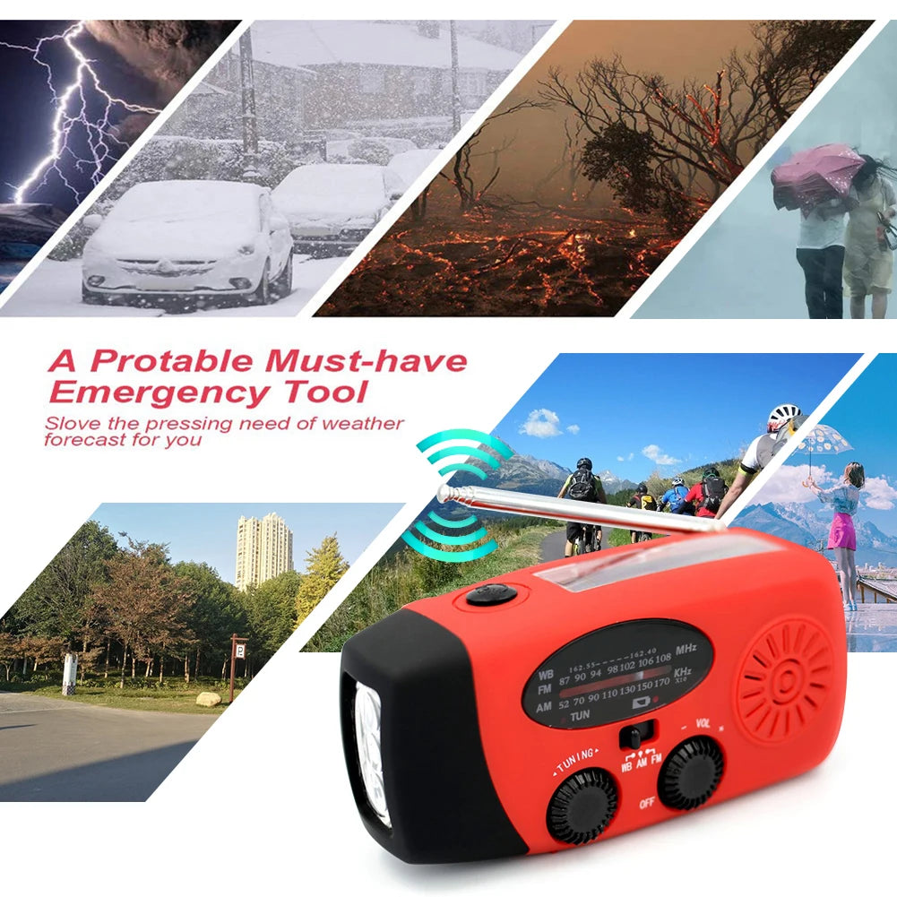 Multifunctional Solar Hand Crank Radio with USB Charging Ports and LED Flashlight