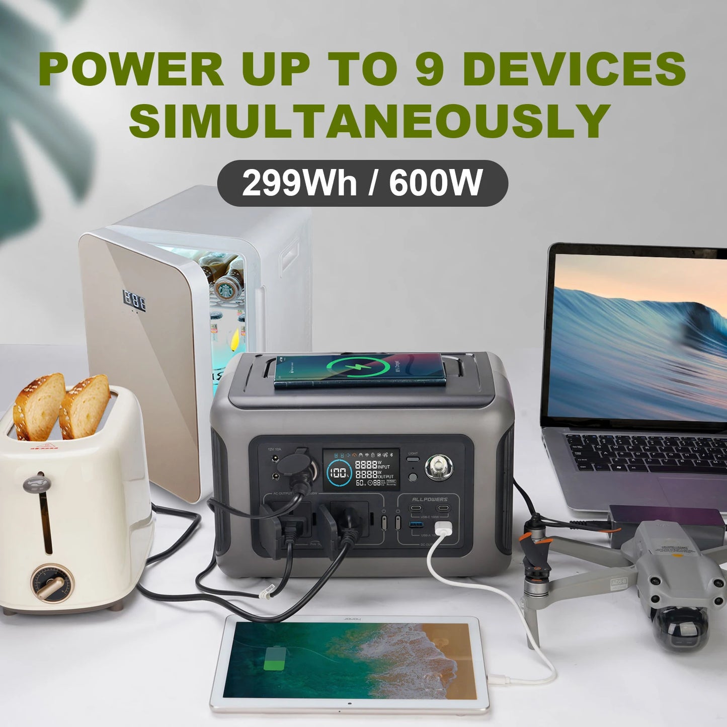 Portable Power Station with Two 600W AC Outlets for Camping