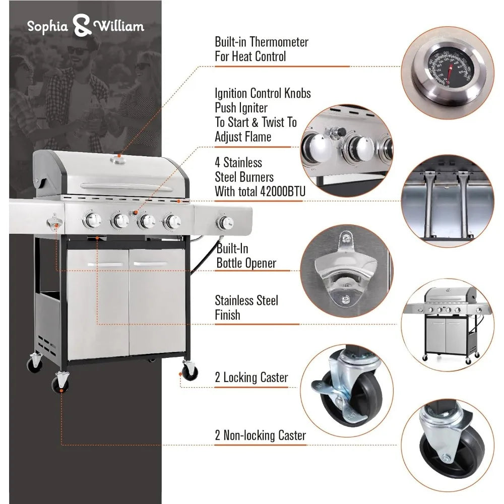 4-Burner Gas BBQ Grill with Side Burner