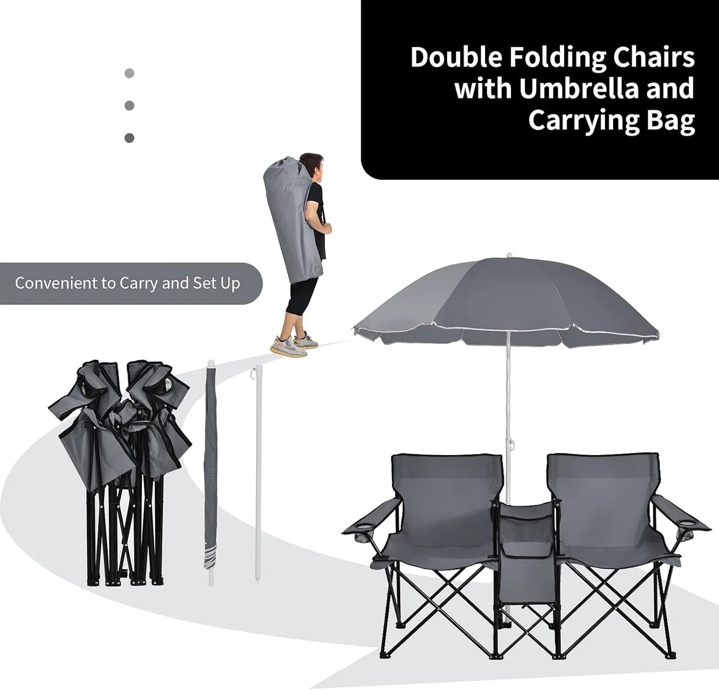 Portable Folding Picnic Double Chair W/Umbrella