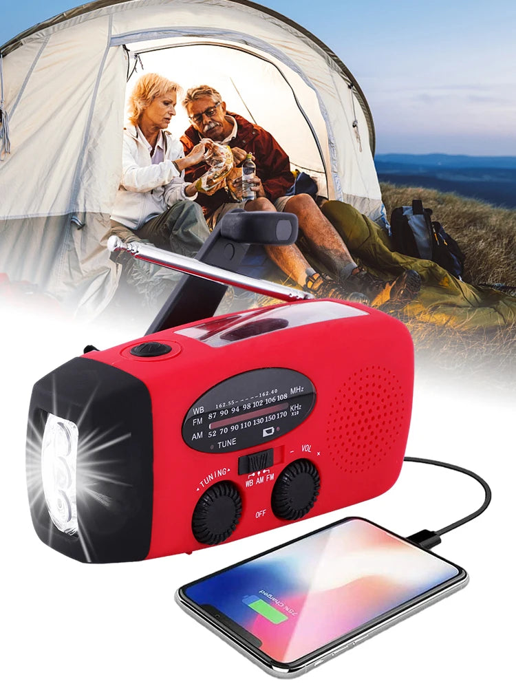 Multifunctional Solar Hand Crank Radio with USB Charging Ports and LED Flashlight