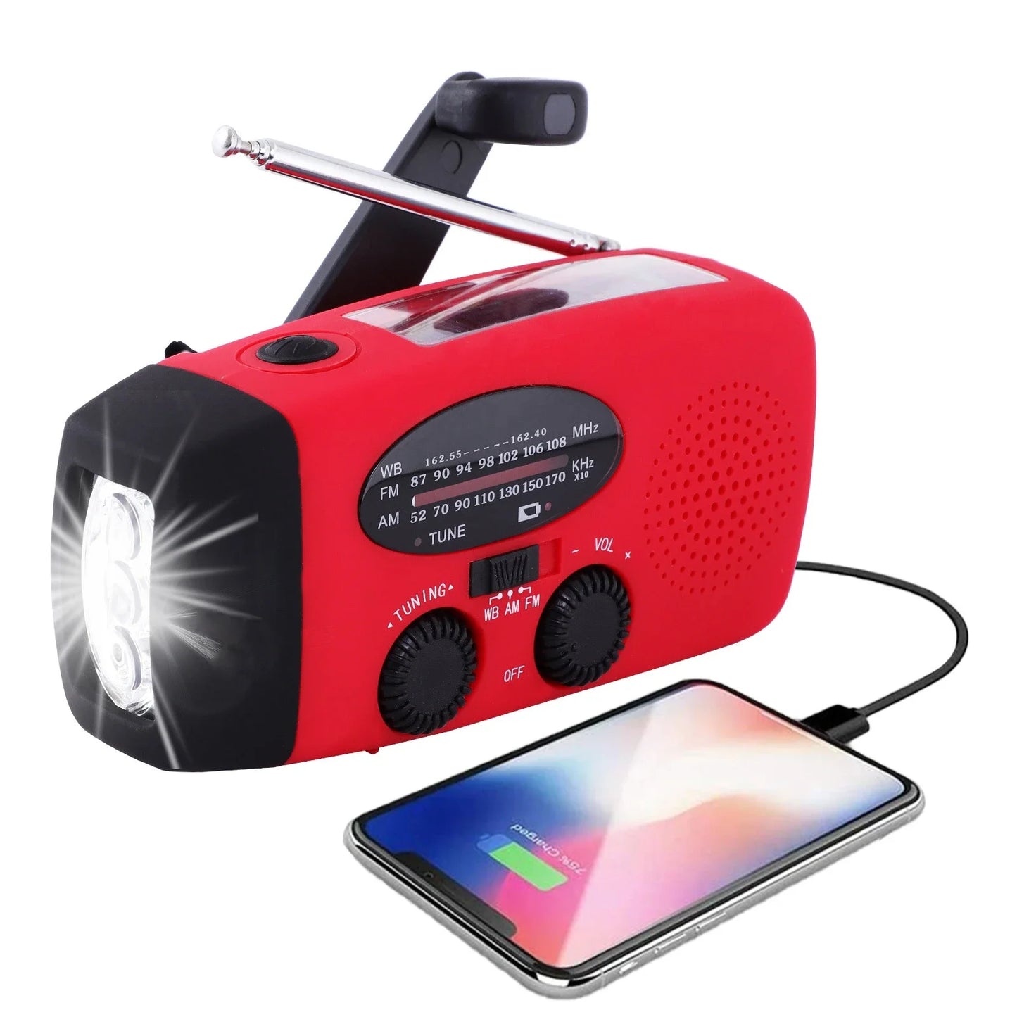 Multifunctional Solar Hand Crank Radio with USB Charging Ports and LED Flashlight